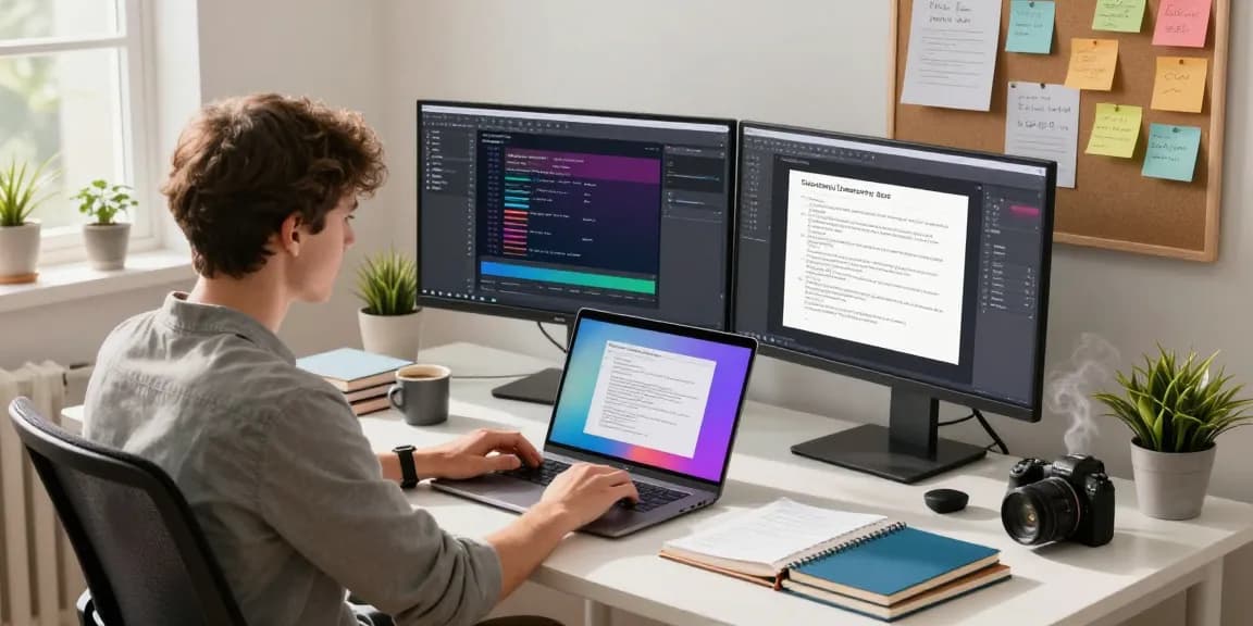 Content creator using AI writing tools in a modern office setting with dual monitors and notebooks.