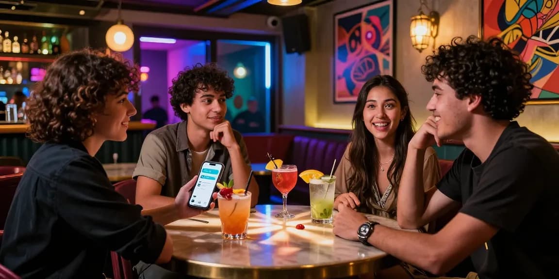 Engaging nsfw chat experience with friends in a vibrant urban lounge, showcasing new AI technology.