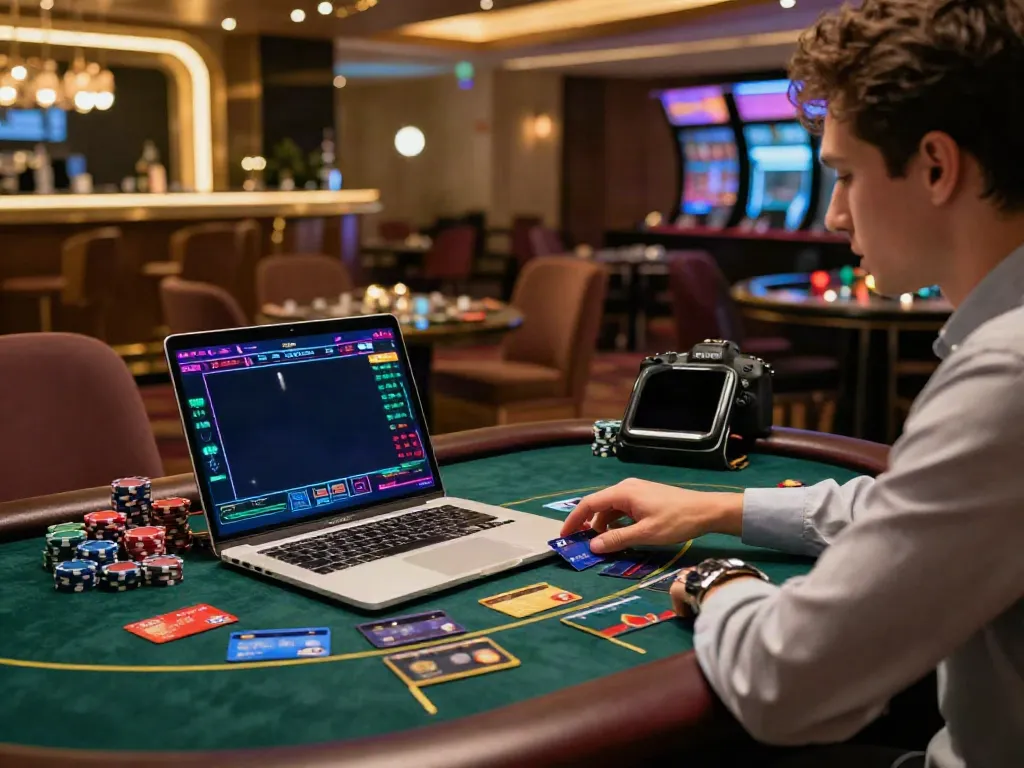 Player exploring the best credit card casinos online with vibrant graphics and credit cards visible
