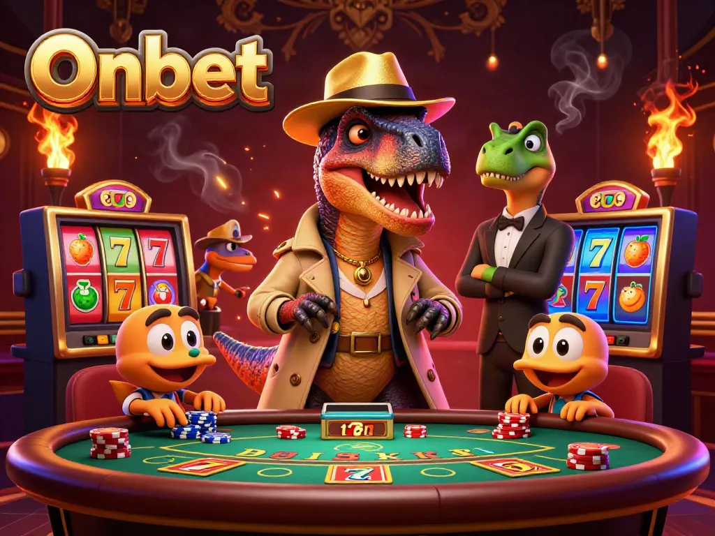 Onbet showcases a lively casino scene with a dinosaur card counter at play amidst slot machines.