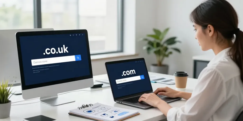 Engaging domain name search UK in a modern office workspace with a professional woman using a laptop.
