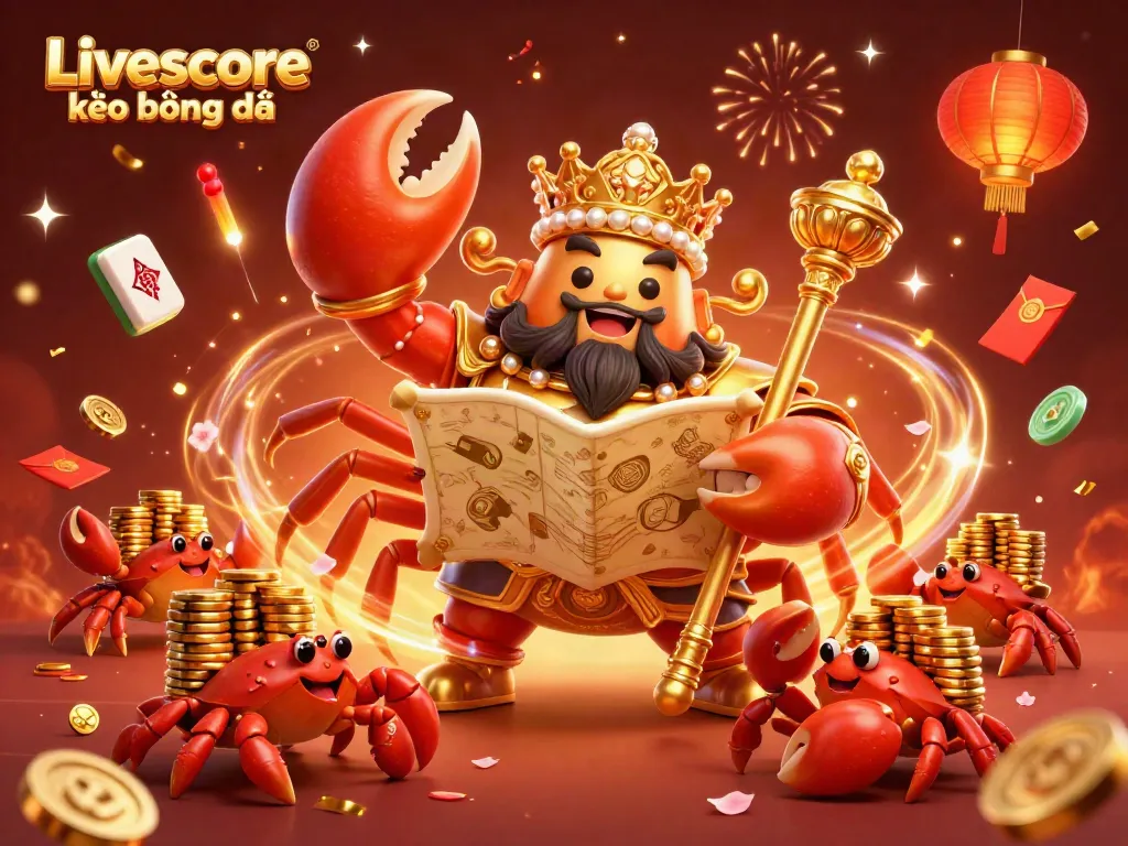 Experience thrilling Livescore kèo bóng đá with a vibrant scene featuring a golden crab holding treasure, amidst festive elements.
