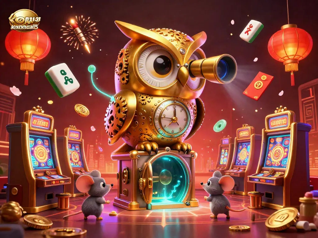 Experience the thrill of betting at keonhacai5 with animated cartoon characters featuring a golden owl and charming mice in a vibrant casino.