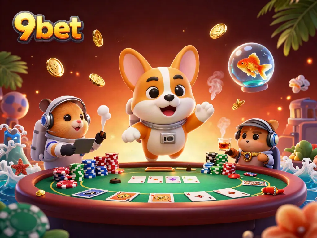 Experience thrilling moments with 9bet in a floating casino scene, complete with poker elements.