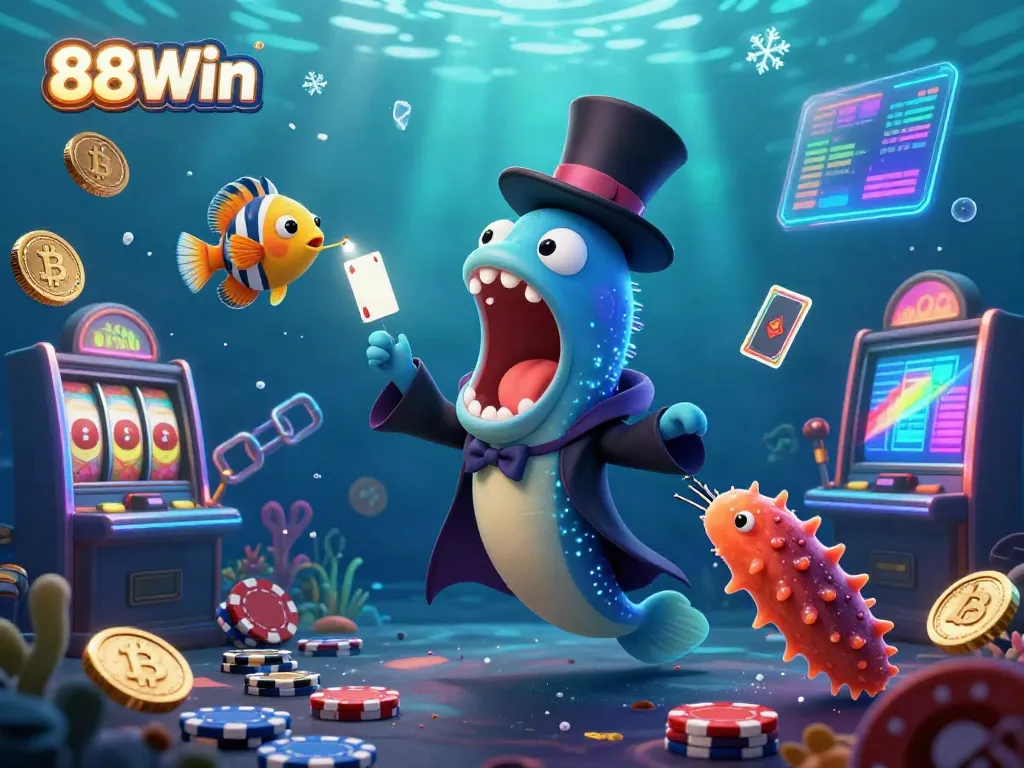 Engage with 88Win as a deep-sea gulper eel performs magic in a vibrant casino-themed illustration.