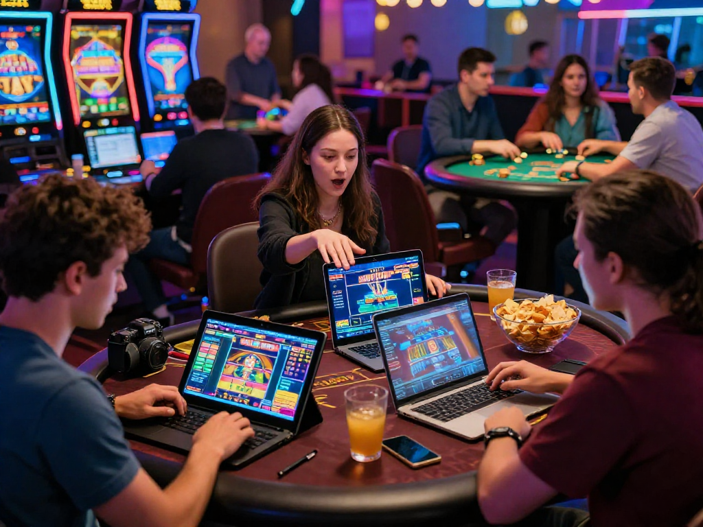 TK 1971 online casino environment with players enjoying games on laptops and mobile devices, vibrant atmosphere