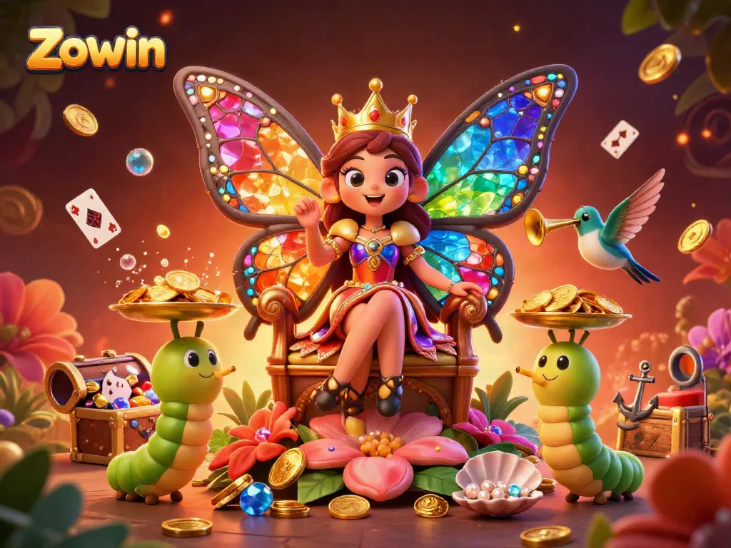 Engage with Zowin's vibrant casino world featuring a butterfly queen and colorful game elements.