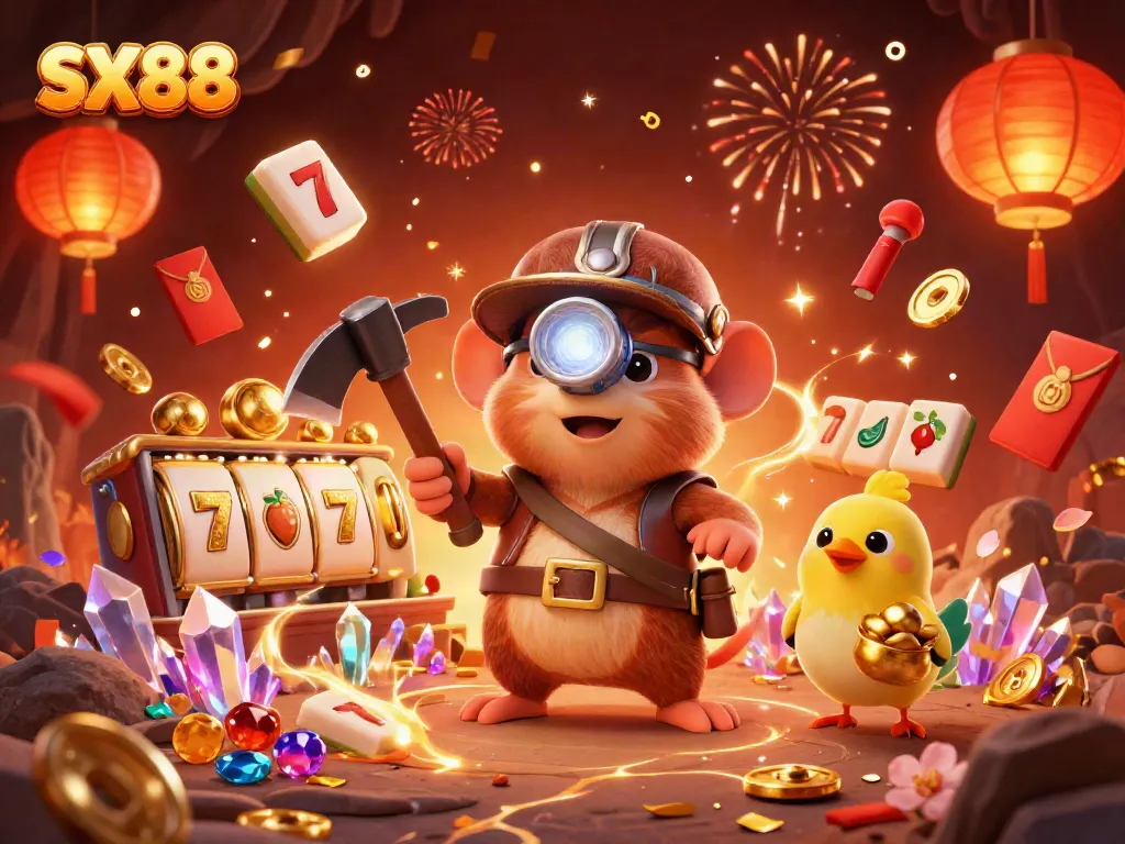 SX88 casino adventure with a treasure hunter mole and playful elements like slot reels and lucky symbols