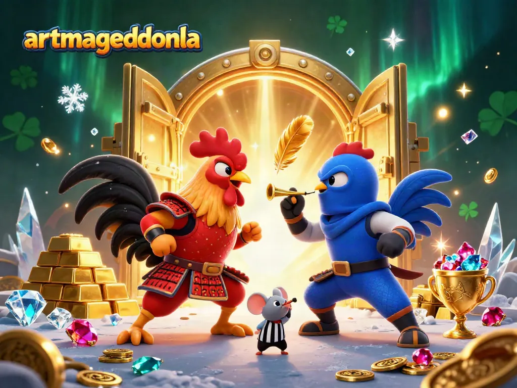 Experience artmageddonla with exciting fighting roosters amid a treasure-filled casino scene.