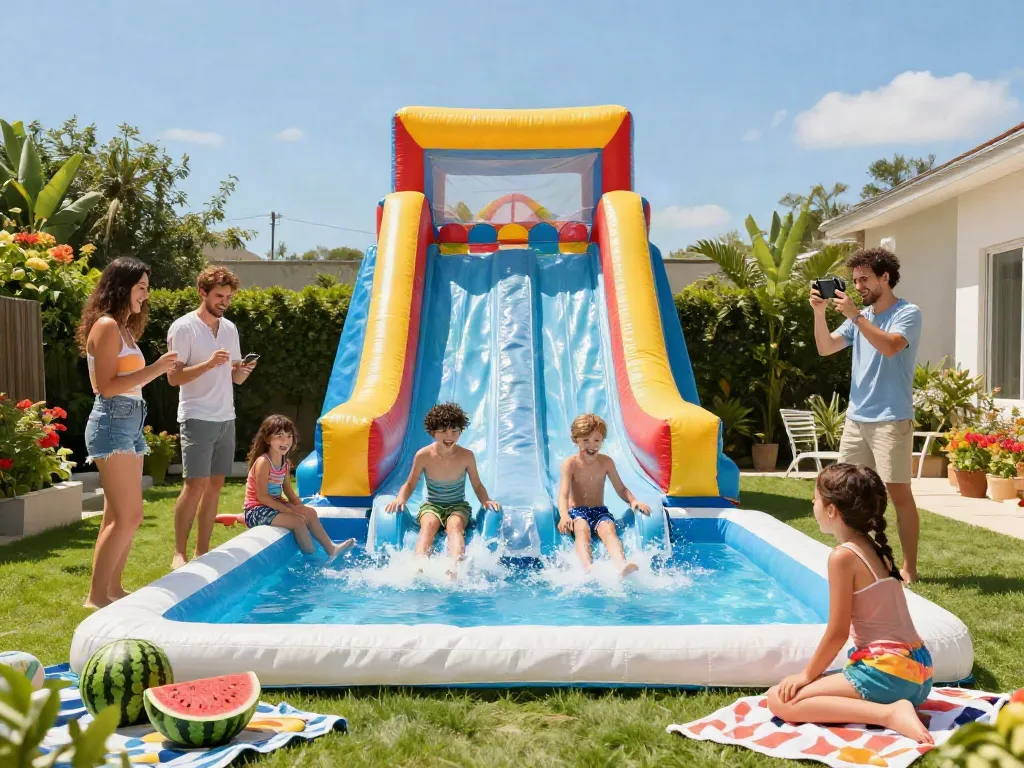 Kids sliding down a fun inflatable water slide in a colourful backyard setting