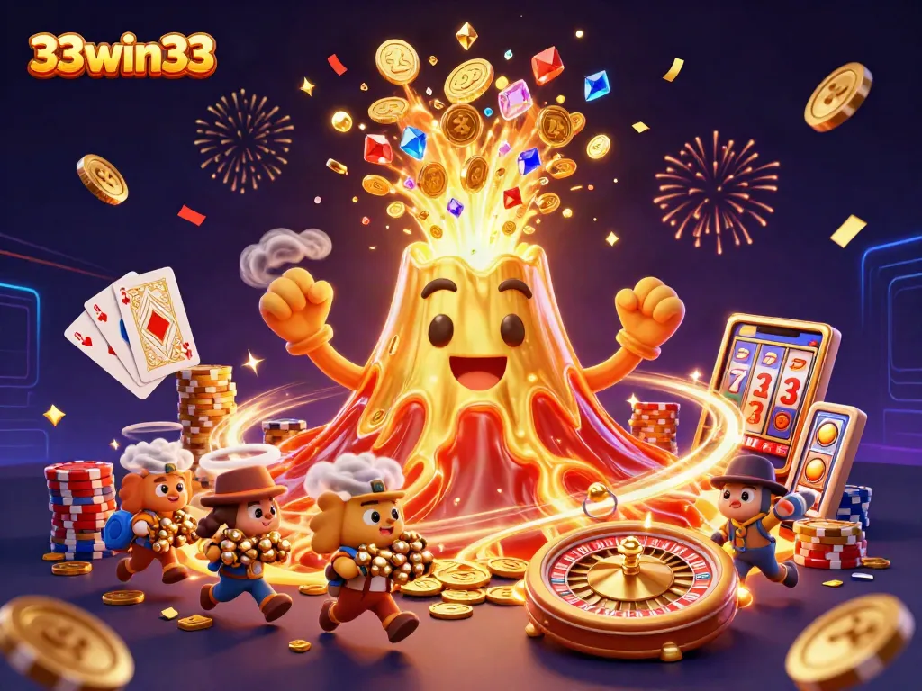 Experience exciting wins at 33win33 with a vibrant volcano erupting coins, gems, and colorful casino elements.