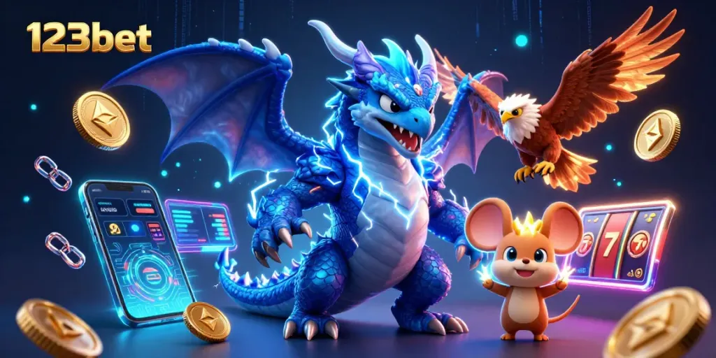 Engage in thrilling gaming adventures with 123bet, surrounded by magical creatures and crypto elements.