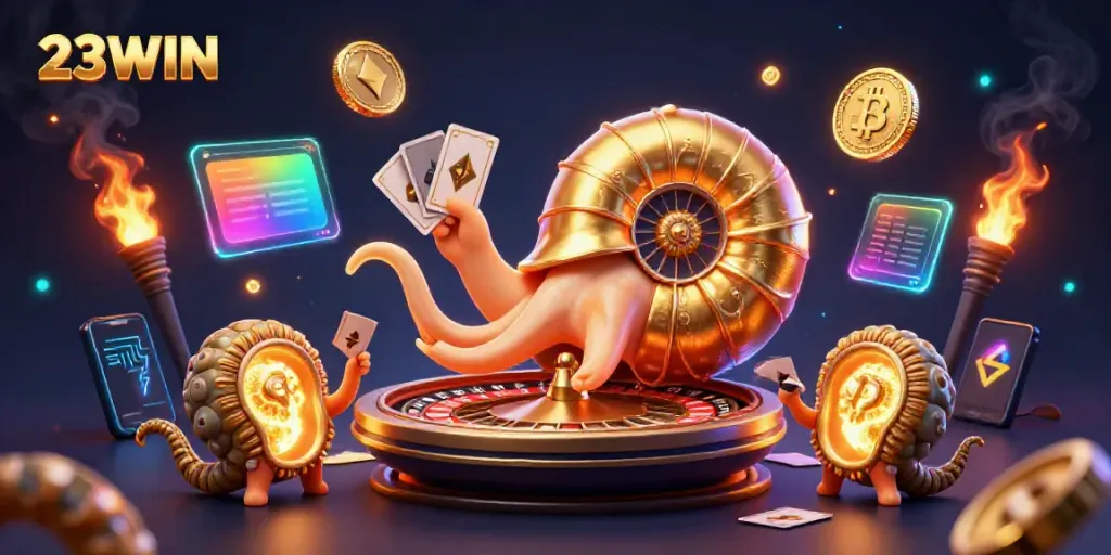 Play and win at 23WIN with magical casino elements featuring a giant nautilus and crypto coins.