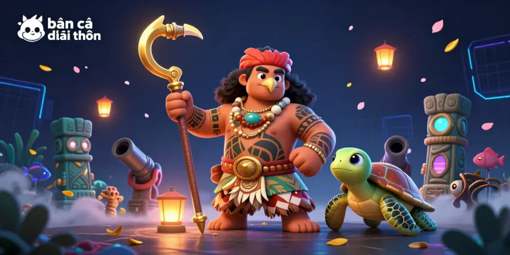 Engage in bắn cá đổi thưởng with a vibrant 3D scene featuring a Polynesian demigod and playful turtle amid underwater creatures.
