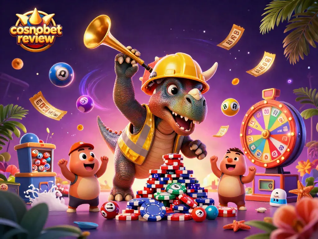 Explore the vibrant cosmobet review in a festive 3D casino-themed scene.