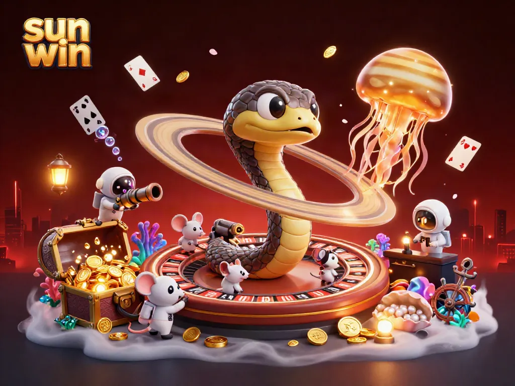 Experience the excitement of sun win with a vibrant 3D illustration showcasing a casino-themed cosmic scene.