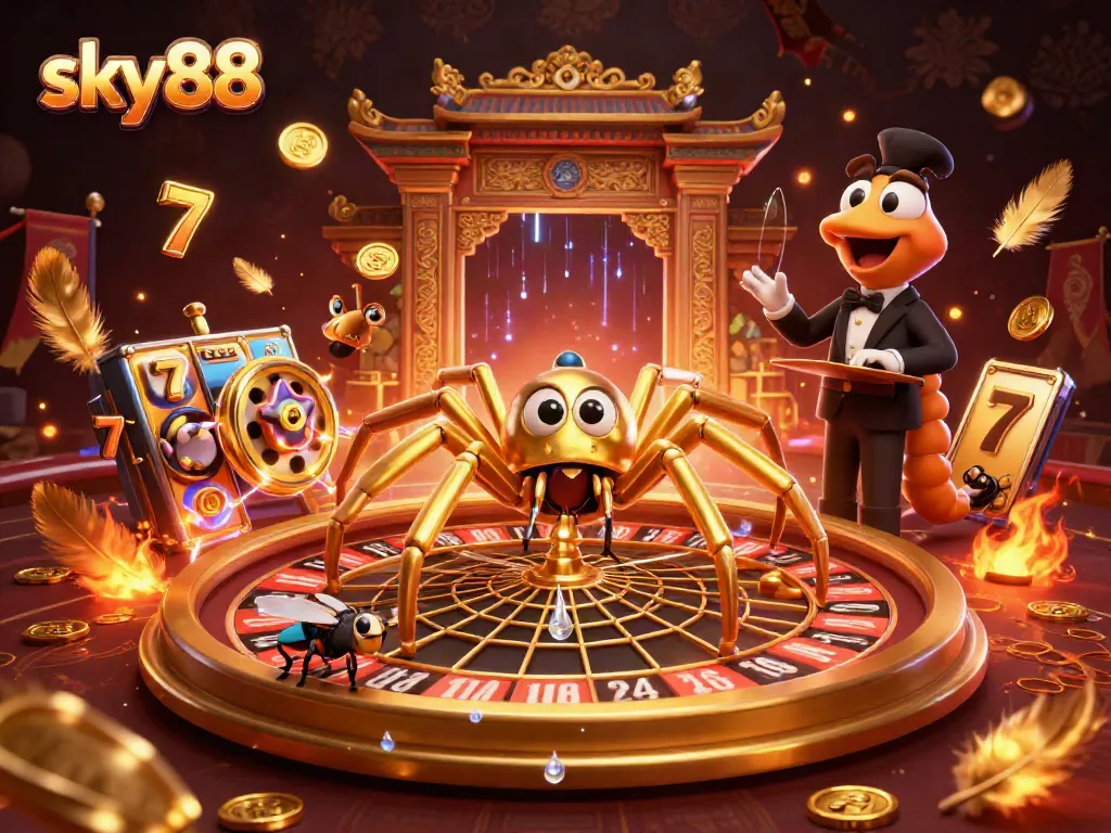 Place your bets at sky88 with a thrilling illustration featuring a golden roulette web and dynamic betting action.