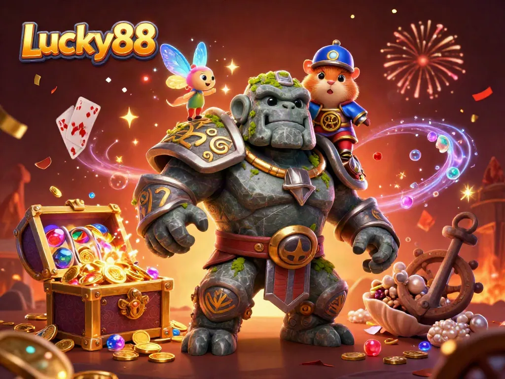 Experience thrilling adventures with Lucky88 featuring a magical golem, fairy, and knight amidst captivating casino elements.