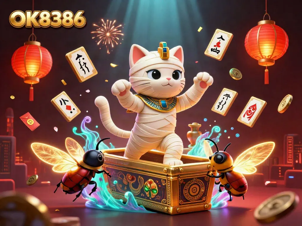 Experience the exciting world of OK8386 where a cartoon Egyptian mummy cat and scarab beetle illustrate vibrant casino promotions.