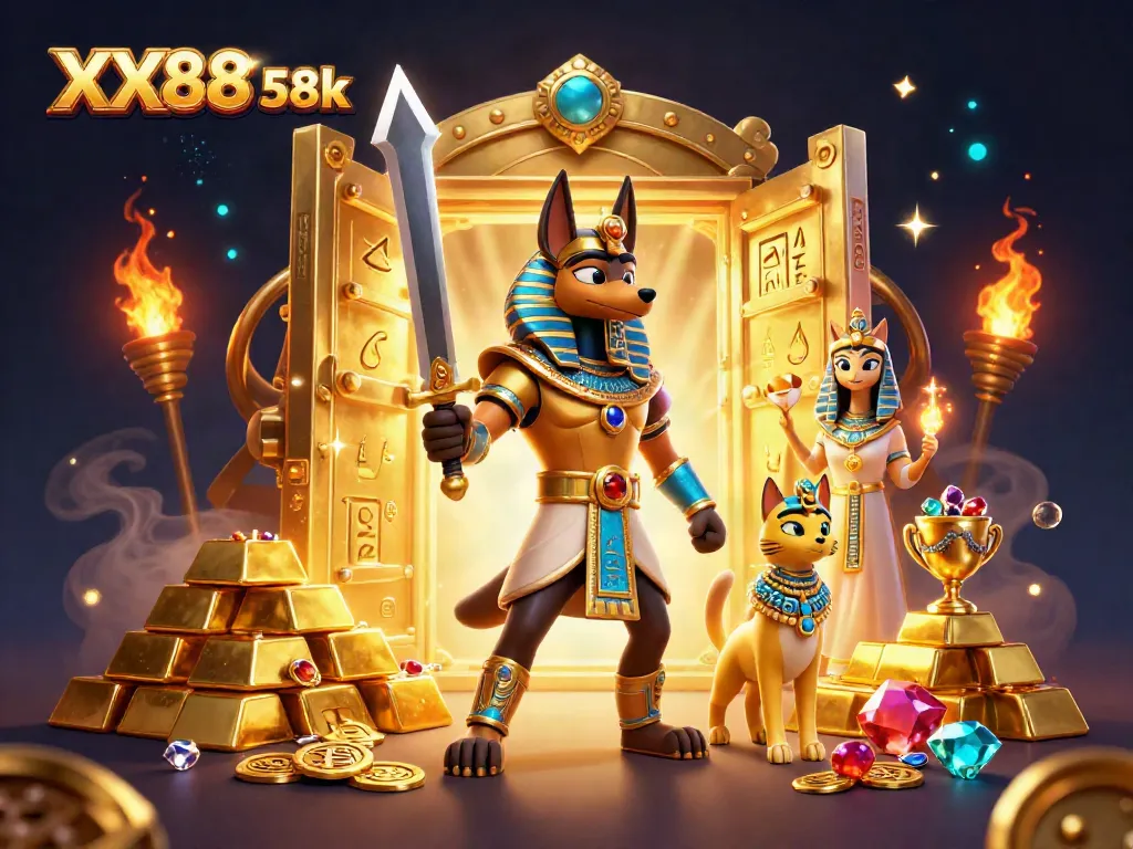 Engage with the dynamic scene featuring XX88 58k, showcasing Egyptian warrior Anubis with treasures and glowing gems.