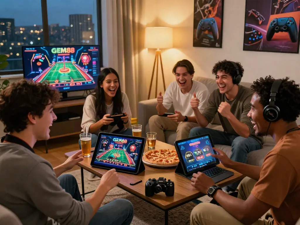 Exciting online gaming moment on GEM88, showcasing friends enjoying diverse games.
