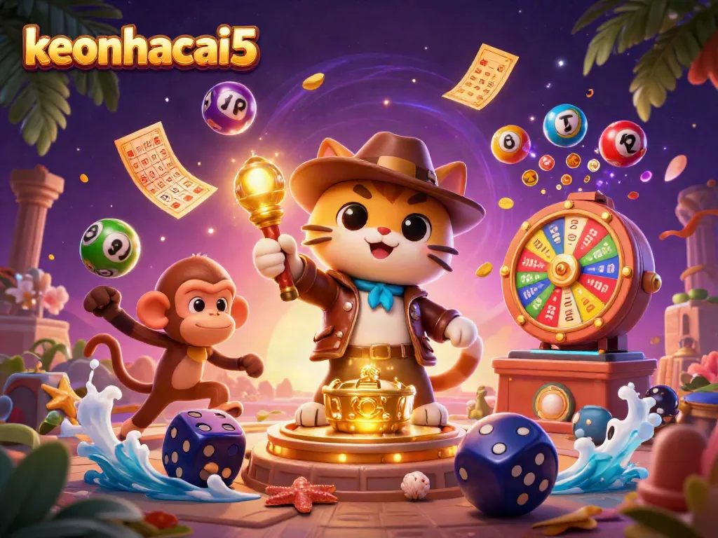 Engage with keonhacai5 through a vibrant scene of cartoon characters in a thrilling casino adventure.