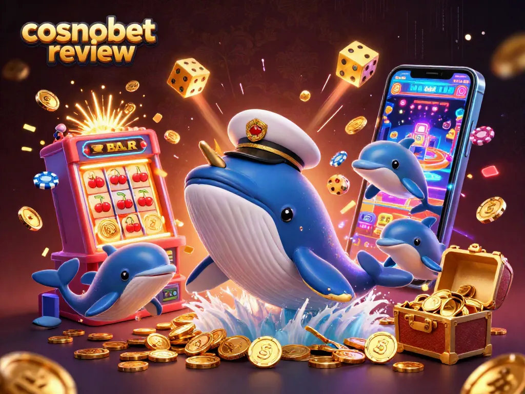 Experience a thrilling cosmobet review with a massive 3D whale and playful dolphins winning in a vibrant casino.