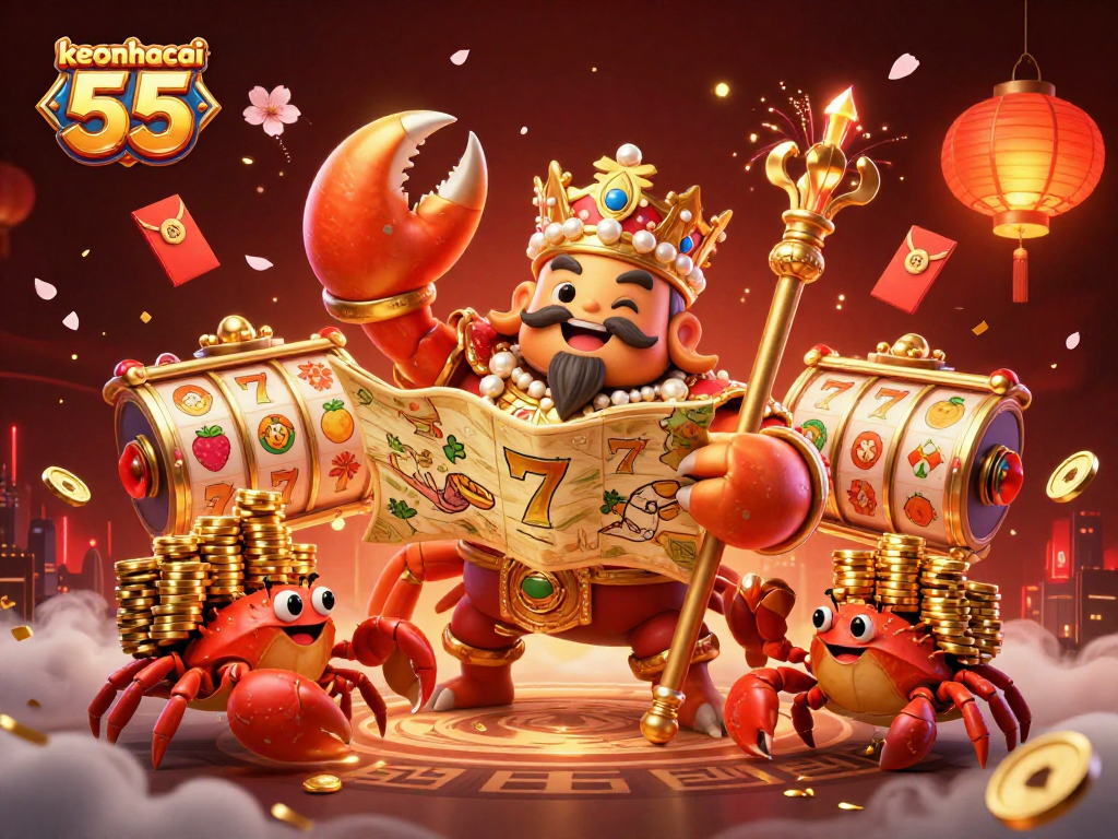 Experience keonhacai 55 with a vibrant scene of a golden crab emperor amidst casino treasures.