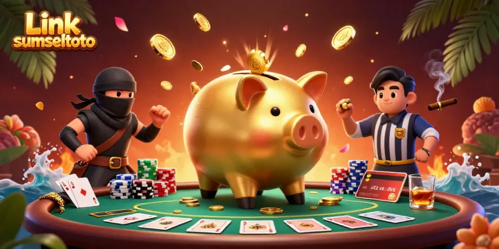 Experience the excitement of Link sumseltoto with a vibrant scene of a sumo wrestler piggy bank and engaging characters.
