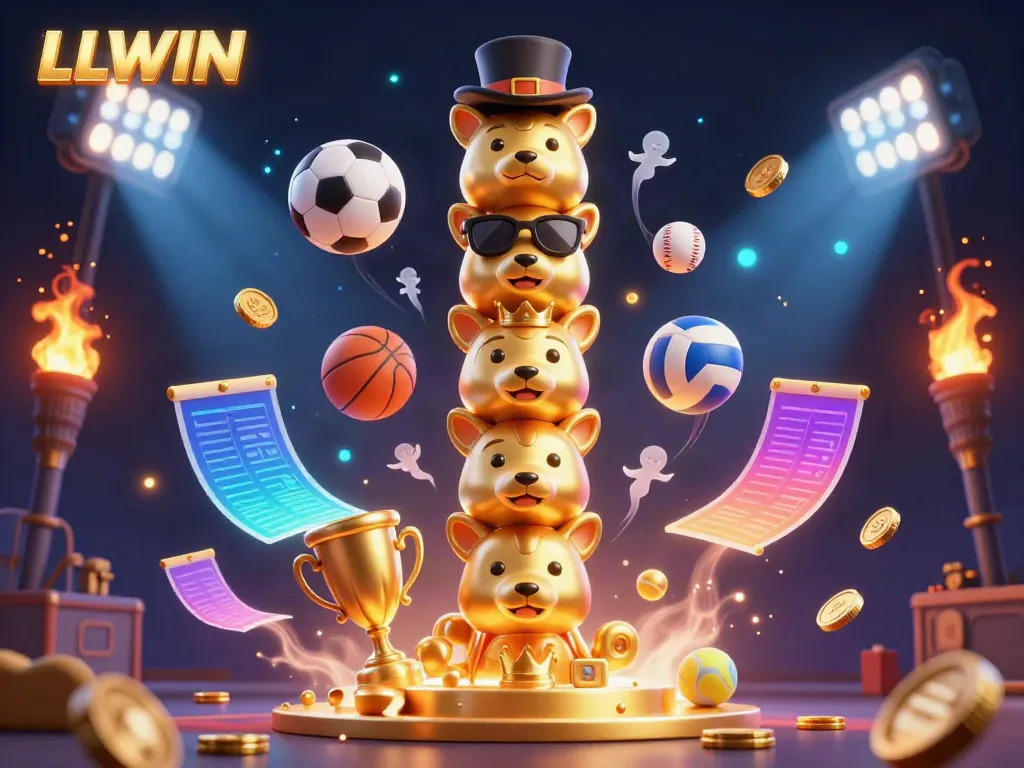 Experience thrilling gaming with LLWIN featuring a golden totem pole and dynamic sports elements in a captivating scene.