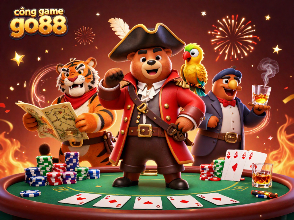 Experience thrilling action at cổng game go88 with a vivid 3D casino scene featuring pirate characters and poker elements.