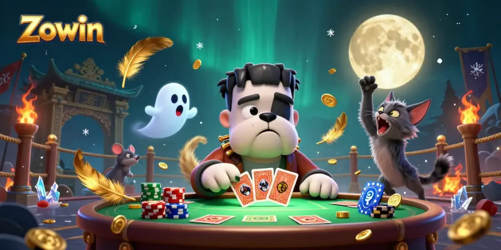 Zowin gaming scene featuring a cartoon bulldog monster dealing cards, surrounded by gold coins and playful elements.