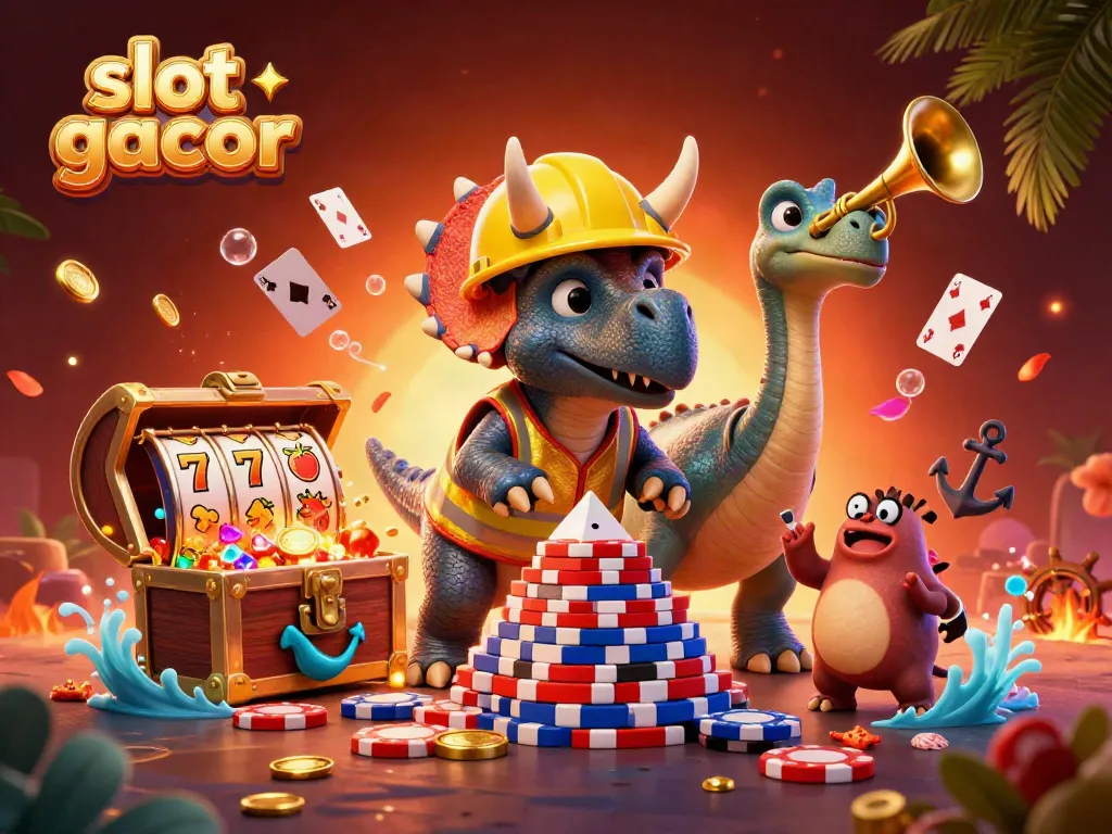 Experience the excitement of slot gacor with cheerful 3D characters celebrating casino wins among vibrant gaming elements.