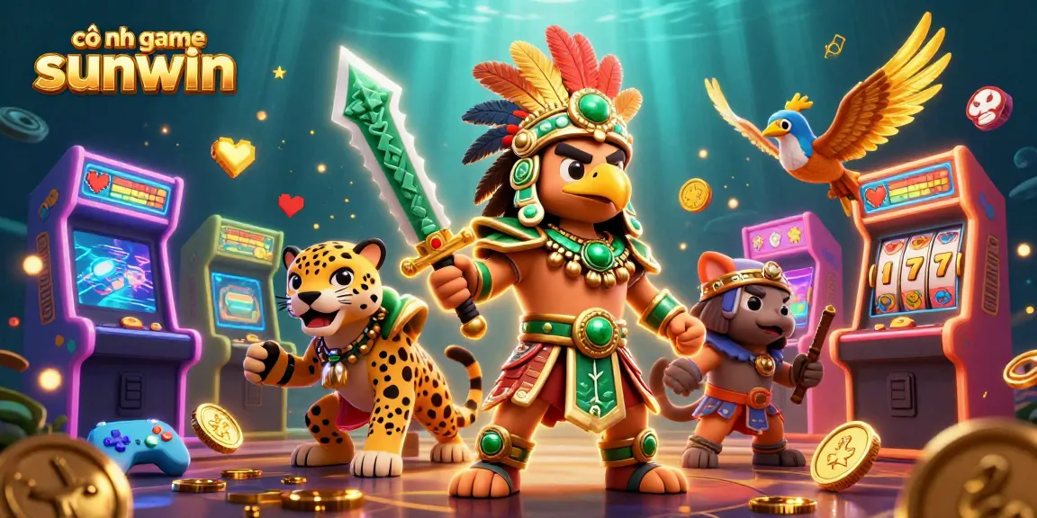 Engage with cổng game sunwin through this vibrant casino scene featuring Aztec warriors and gaming elements.