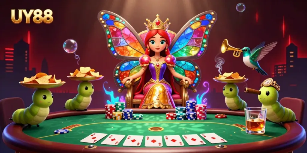 Experience the vibrant environment of UY88 where the butterfly queen presides over a captivating poker scene, rich in detail and color.