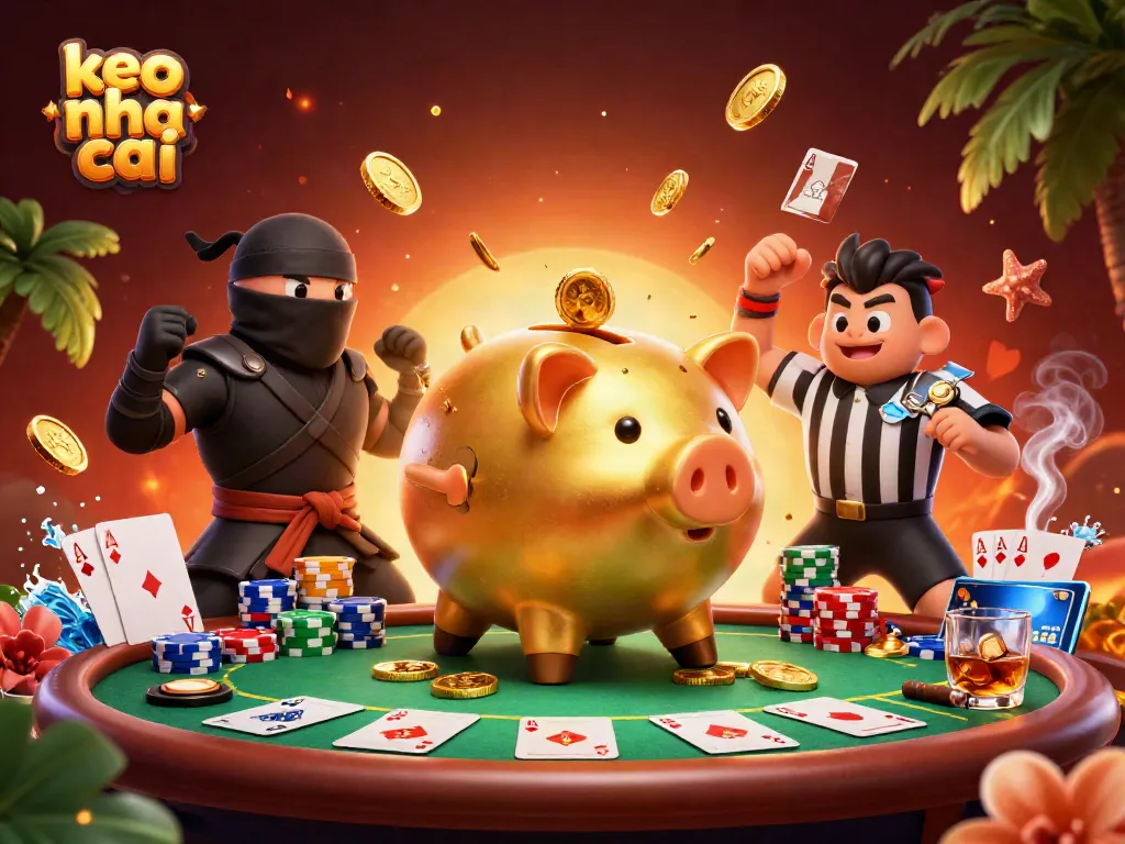Engage with keo nha cai in a vibrant poker scene featuring a golden piggy bank sumo wrestler and affluent opponents.