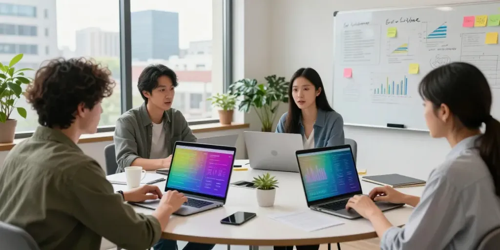Dynamic tech workspace illustrating instant indexing collaboration among team members.