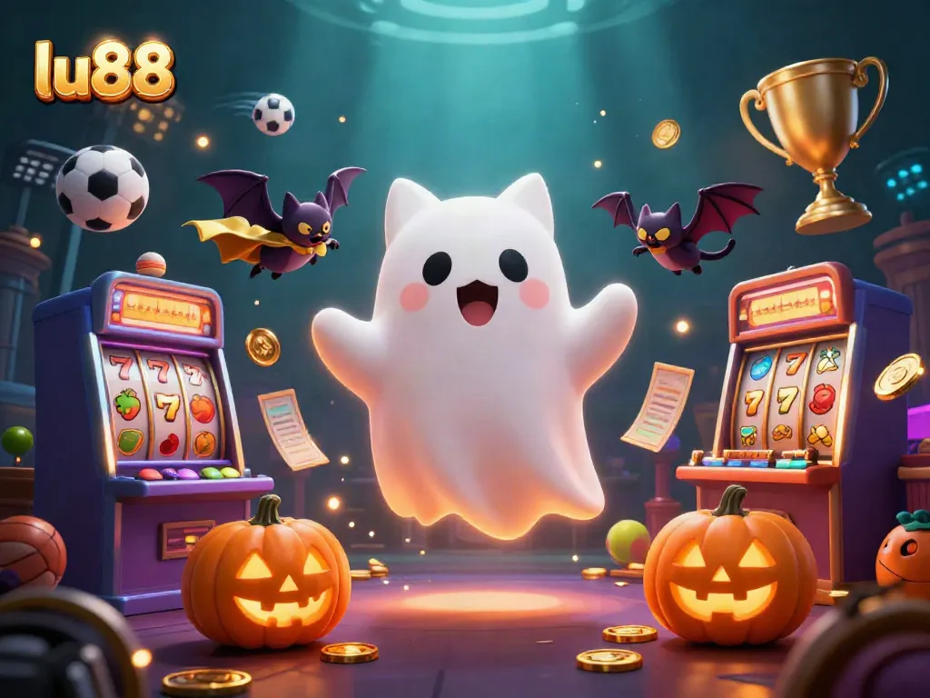 Play thrilling games at lu88 with a colorful scene of slots, a ghost cat, and a vampire bat.