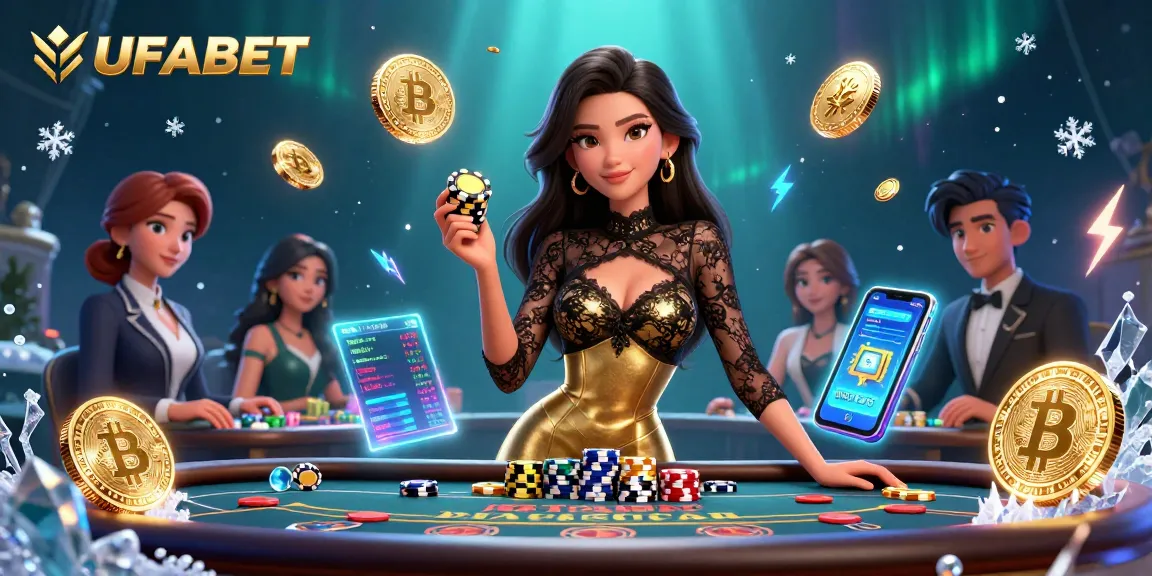 Experience UFABET's exciting gaming atmosphere with a glamorous woman at a VIP baccarat table, showcasing high-stakes action and modern cryptocurrencies.