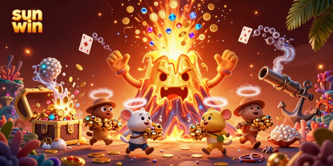 Engage with sun win gaming in a vibrant scene featuring a volcano, escaping animals, and treasures.