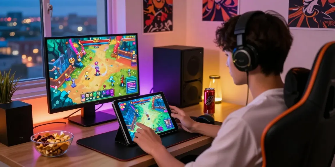 Gamer exploring engaging html ecchi games on a tablet in a vibrant, cozy setup