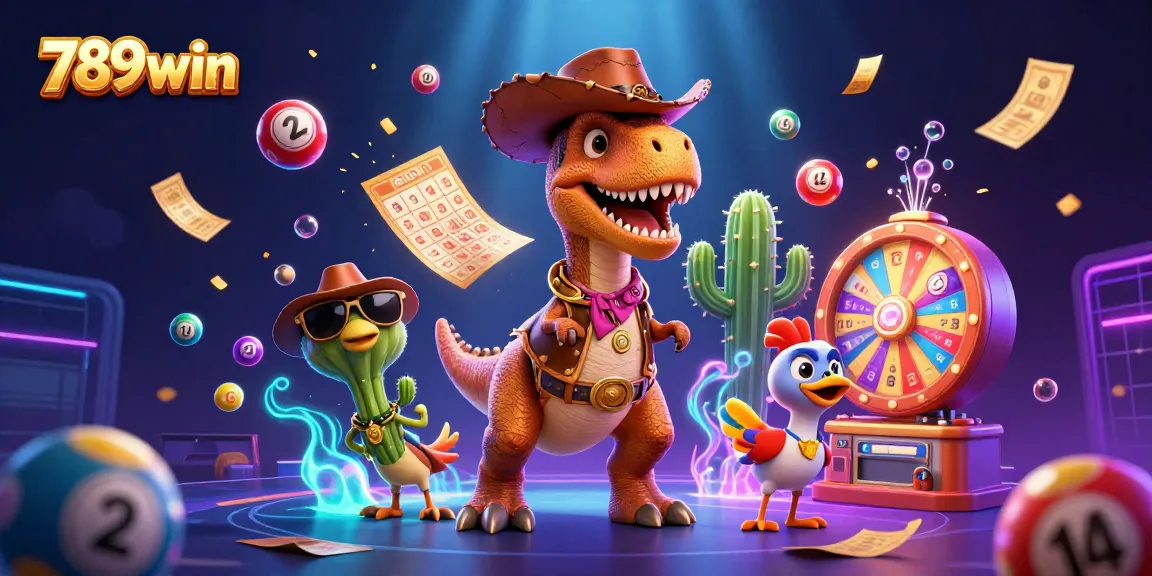 Engage with 789win in this vibrant 3D illustration featuring a cowboy dinosaur and casino elements.