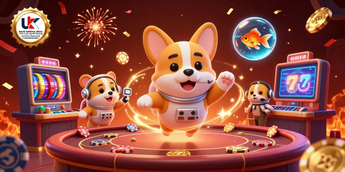 Engage with the UK best betting sites not on gamstop / bookies not on gamstop comparison in a lively casino scene with an astronaut corgi.