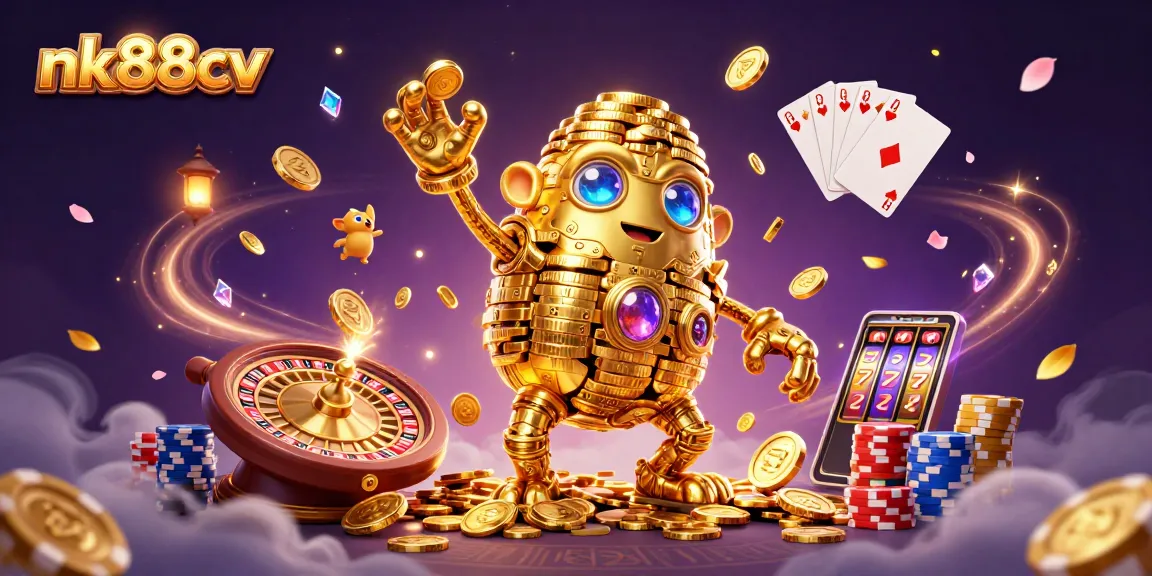 Experience thrilling gameplay with nk88cv's vibrant 3D casino scene featuring a golden golem and dynamic game elements.
