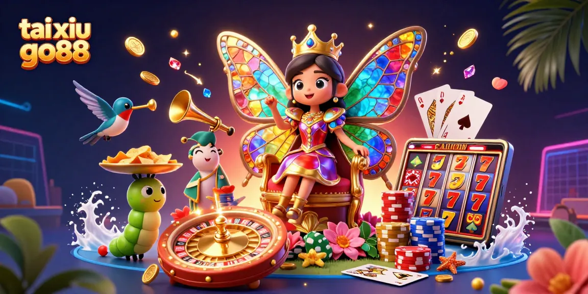 Experience the thrill of tai xiu go88 with vibrant 3D casino art featuring a butterfly queen and dynamic gaming elements.