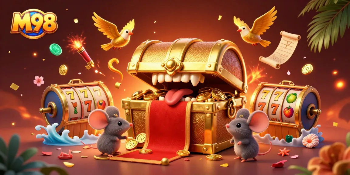M98 slot gaming treasure chest drawing enticing players with dazzling treasures.